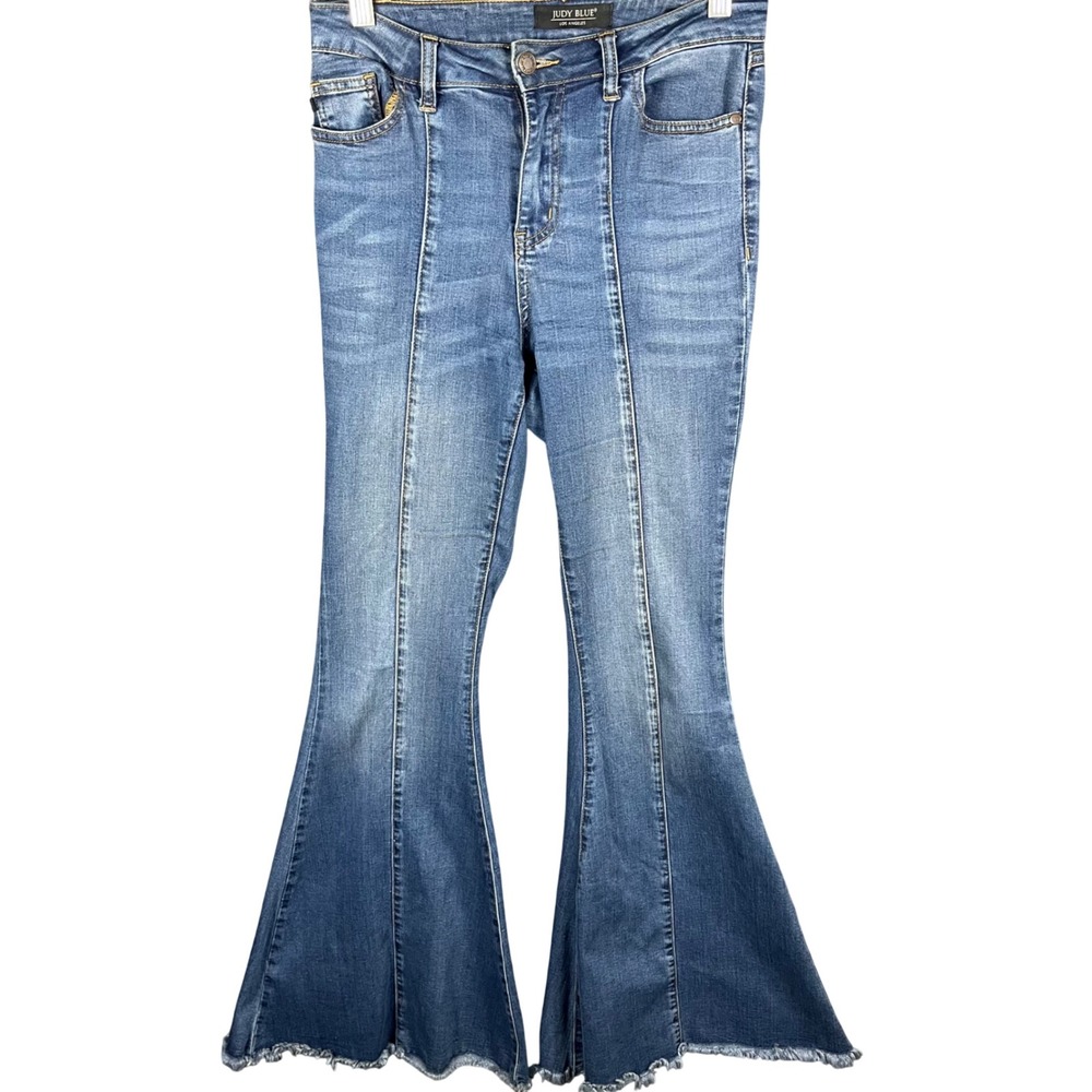 Judy Blue Super Flare Fit Jeans Women 3/26 Blue Medium Wash Raw Hem JB8490